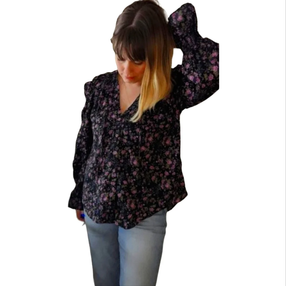 NWT Free People "Meant To Be" Blouse /Black Floral long sleeve shirt Size Medium - Picture 6 of 11